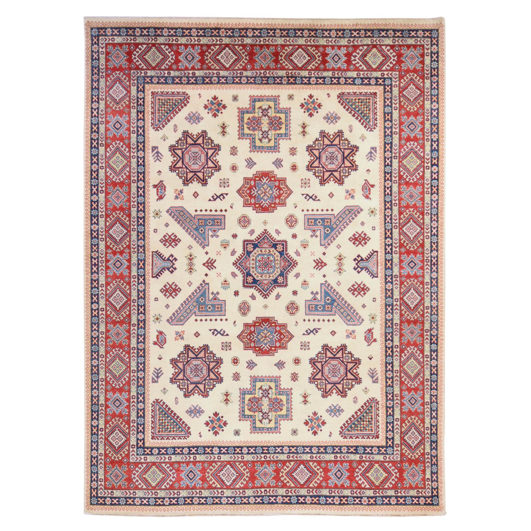 Parchment White, Special Kazak with Geometric Medallions, Pure Wool, Hand Knotted, Oriental Rug